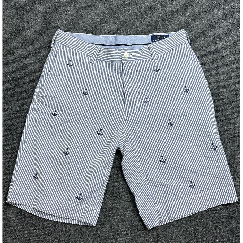 Polo Ralph Lauren Shorts Mens 30x9 Seersucker Striped Nautical Anchor Print Blue